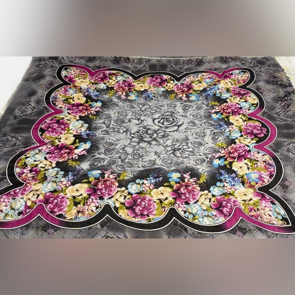 Elegant Vibrant Coloured Floral Print Scarf with Frayed Edge